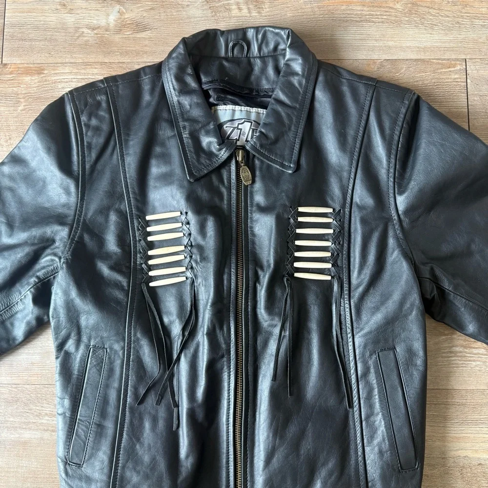 Z1R Black Leather Biker Jacket | Fringe Detail | Size 18